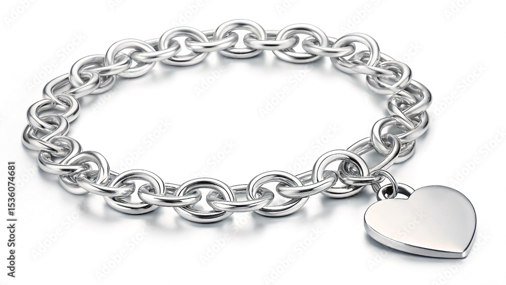 Obraz premium Elegant silver bracelet with heart charm reflecting light on a white background perfect for fashion and jewelry concepts