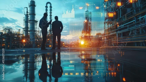 Two people discuss at a high-tech industrial facility at sunset, with futuristic digital data overlays and modern refinery infrastructure.