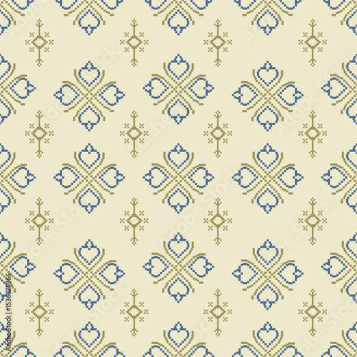 Traditional Ukrainian cross-stitch Detailed vector Illustration for textile printing design, on pixels pastel tones