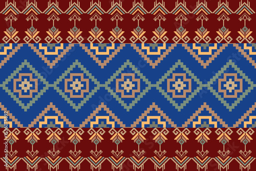 Traditional Ukrainian cross-stitch Detailed vector Illustration for textile printing design, on pixels brown tones