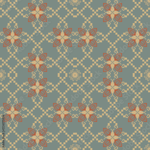 Traditional Ukrainian cross-stitch Detailed vector Illustration for textile printing design, on pixels pastel tones