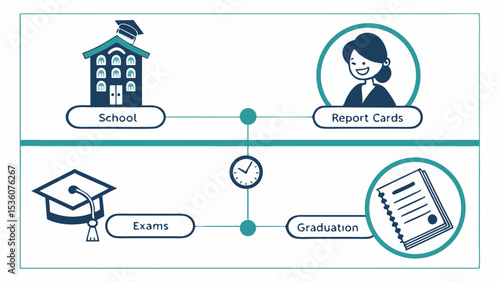 Education Timeline Graphic School Report Cards Exams Graduation Time Clock Teal Blue Icons vector