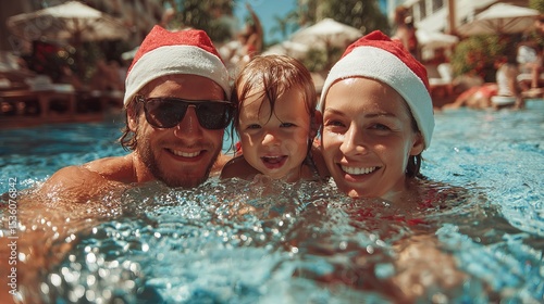 Happy Family Christmas Pool Day Festive Swim Tropical Vacation Smiling Parents Child Santa Hats Summer Holiday Fun Water Joyful Celebration Relaxing Underwater Blue Water sun love 