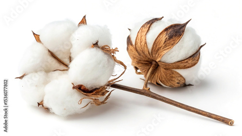 Two cotton plant blooms on a white background with brown stems and leaves depicting natural textile production and soft texture