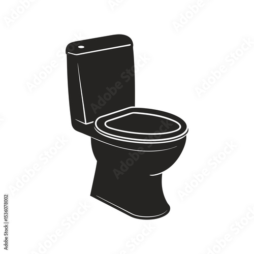 Isolated white ceramic toilet bowl with a clean seat for a modern bathroom Simple flat black silhouette icon of a modern commode toilet bowl