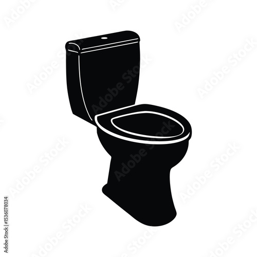 Isolated white ceramic toilet bowl with a clean, new seat for bathroom hygiene Simple flat black silhouette icon of a modern commode toilet bowl