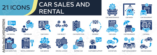 Collection of Car sales and rental icons, related to car rental, car maintenance, car inspection, car seller, car wash and more. Solid icons vector illustation.