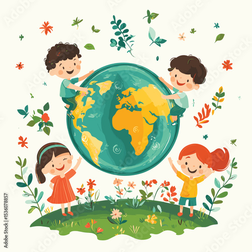 Children Exploring and Caring for Planet Earth Illustration, vector style simple color