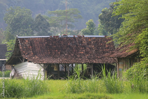 a warehouse or granary located in the countryside among rice plants and surrounded by mountains