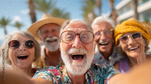 Happy Senior Friends Enjoying Summer Vacation Selfie Tropical Beach Smiling Elderly People Retirement Travel Holiday Fun Active Aging Friendship Group Photo Outdoors Happiness sun 