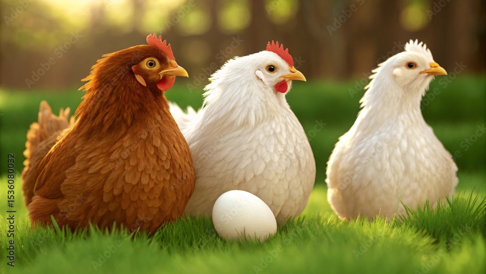 Fototapeta premium Hens and egg on green grass in garden.