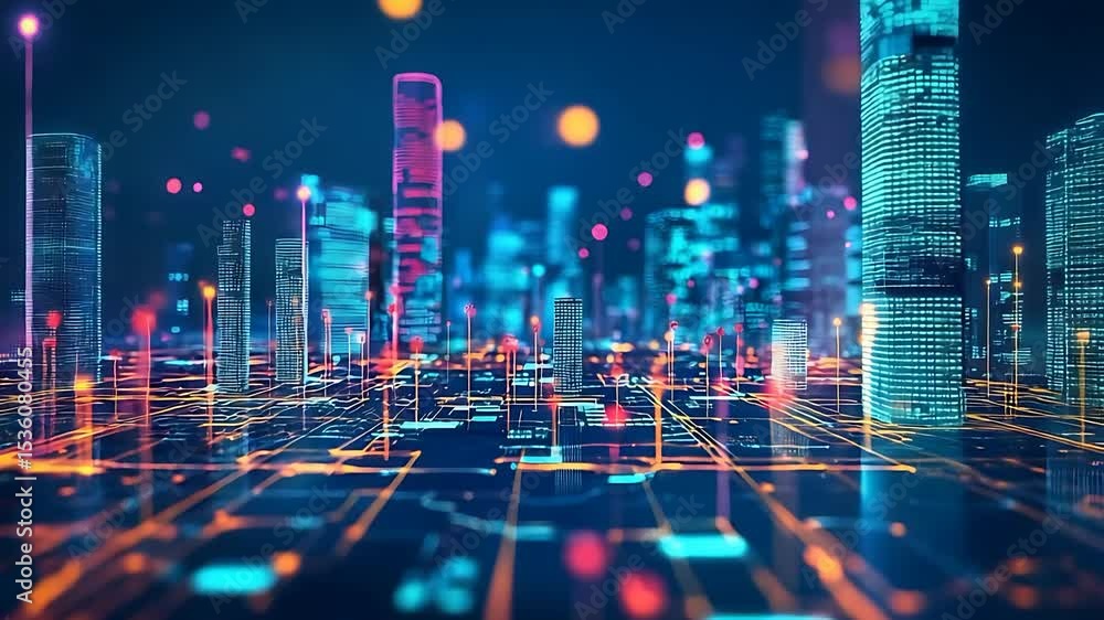 Futuristic city skyline illuminated by neon lights, showcasing digital connections and technology Futuristic city skyline illuminated by neon lights, showcasing digital connections and technology