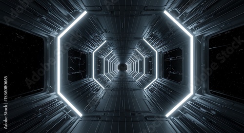 Abstract Futuristic light wireframe tunnel. Long Spaceship corridor interior view. Future sci-fi background concept