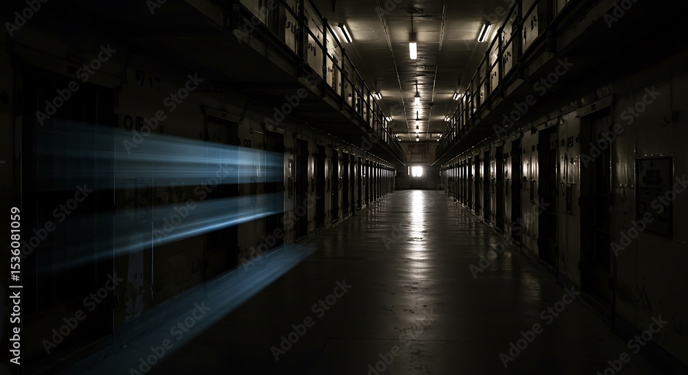 Fototapeta premium A dark room with a long corridor. Lots of cell doors for detainees. The beam of light is moving. At the end of the corridor there is a bright spot of a window.