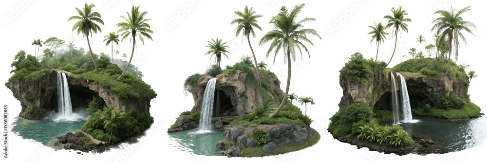 Set For Tropical islands with waterfalls isolated on transparent background Set For Tropical islands with waterfalls isolated on transparent background