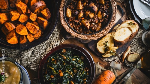Assorted autumnal dishes on a rustic table setting.