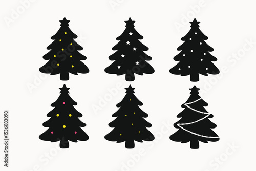 Set of Six Simple Christmas Tree Silhouettes Perfect for Holiday Designs