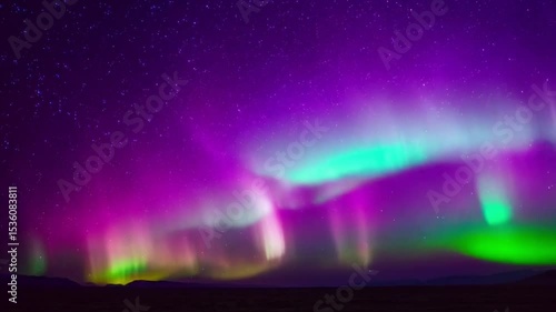 Wallpaper Mural fenomena alam yang luar biasa, yaitu Aurora Borealis atau yang sering disebut Cahaya Utara. Cahaya hijau dan ungu yang berkilau menari di langit malam yang gelap itu, generative AI Torontodigital.ca