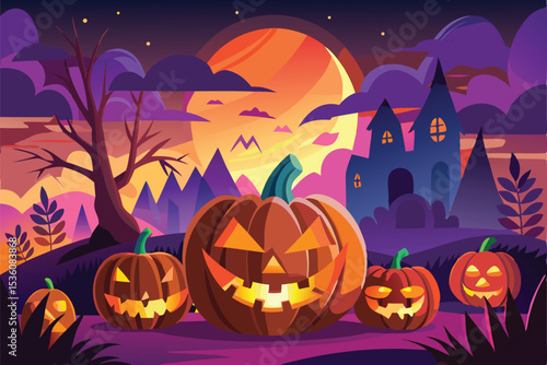Halloween Jack O Lantern Pumpkins Night Scene Orange Purple Castle Silhouette jackolantern