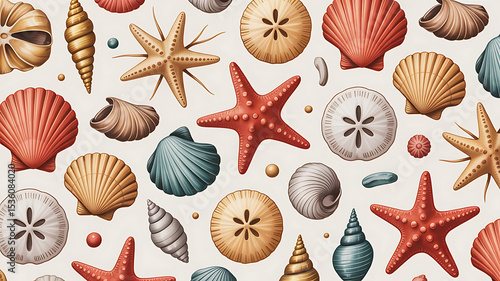 Seashell and Starfish Pattern: Coastal Texture Background