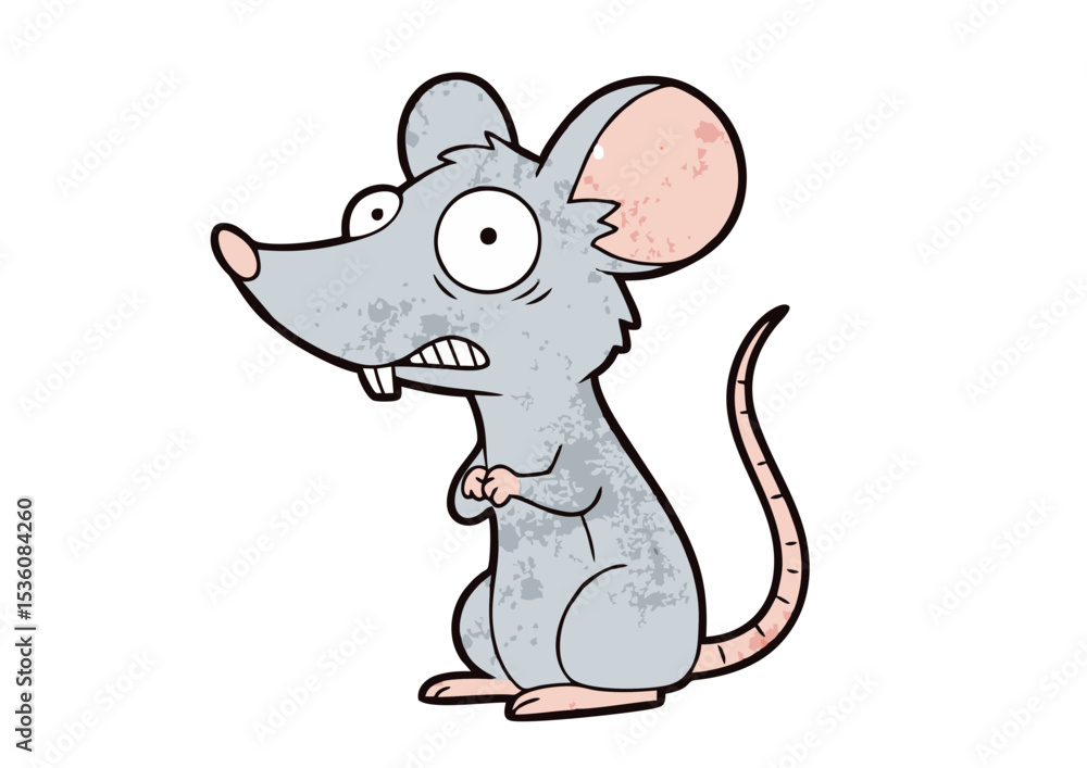Fototapeta premium Cartoon illustration of a scared, dirty mouse with big eyes and a worried expression