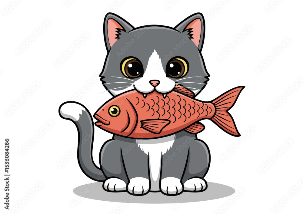 Naklejka premium Adorable Gray Kitten with Big Eyes Enjoying a Delicious Red Fish Cartoon Illustration