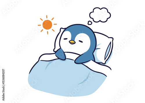 Adorable Penguin Dreaming in Sunny Bed Cute Illustration of a Sleepy Penguin Enjoying a Restful Day