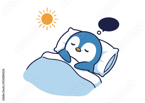 Adorable Penguin Dreaming in the Sunshine A Cute Illustration of a Sleepy Bird Enjoying a Sunny Nap