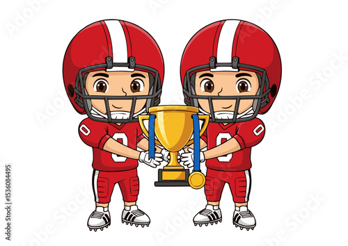 Celebrating Victory Two Young American Football Players Proudly Holding a Championship Trophy