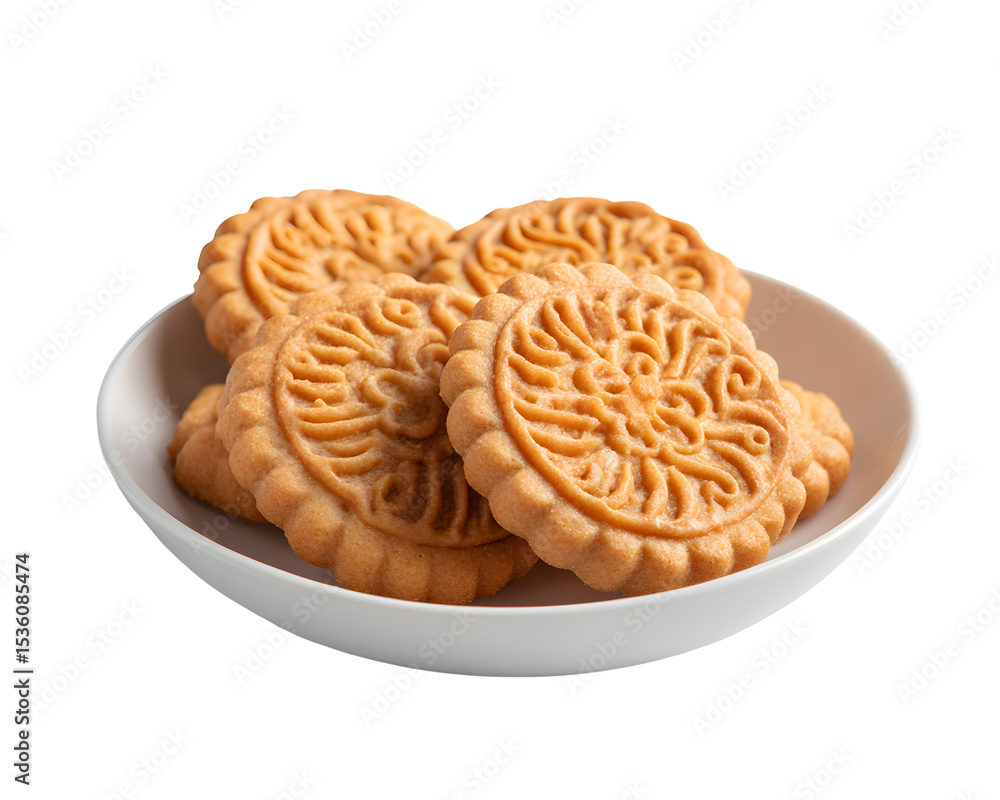 Fototapeta premium Traditional Chinese mooncakes with floral pattern served on white plate isolated on transparent background