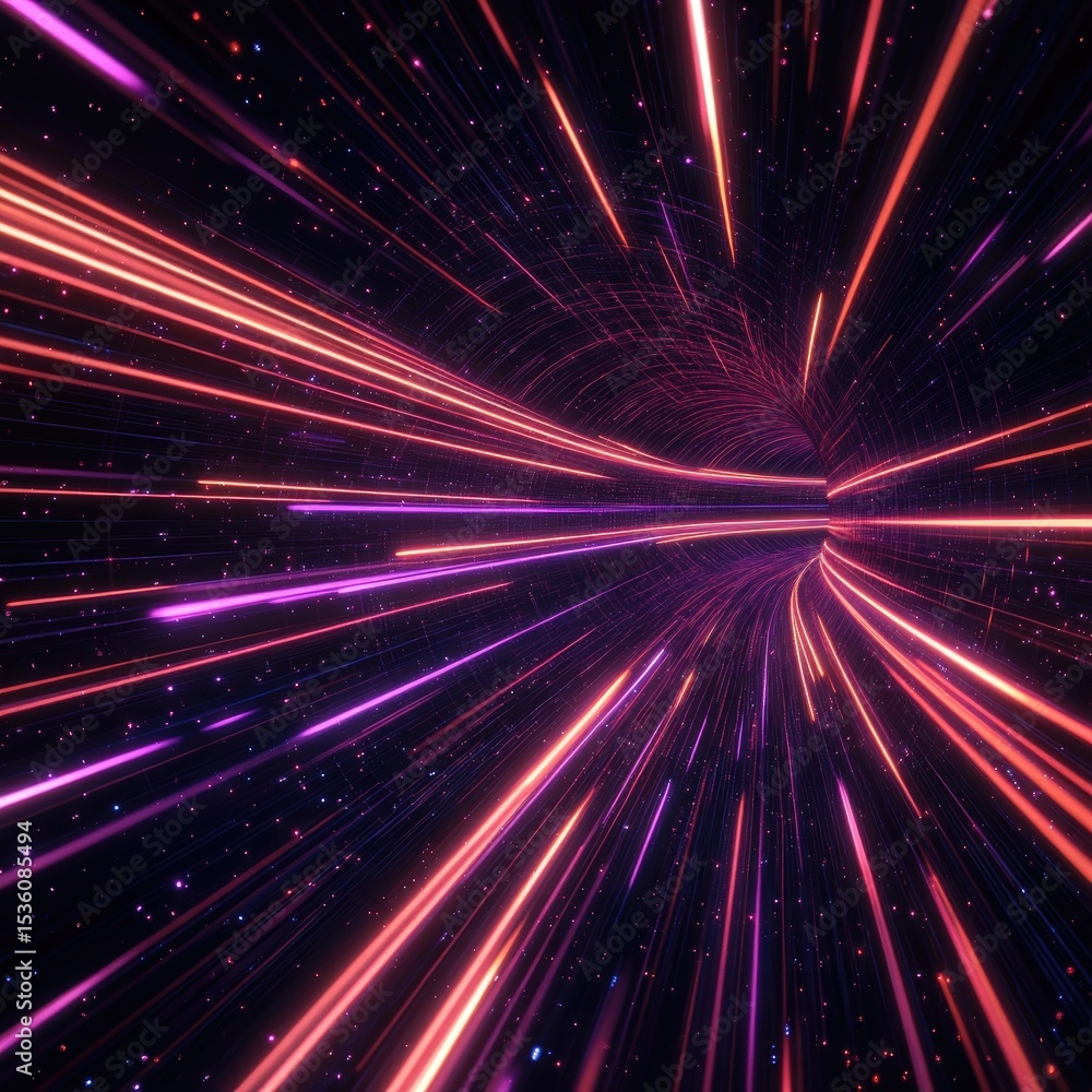 Naklejka premium Abstract Light Trails in a Cosmic Tunnel with Starry Background