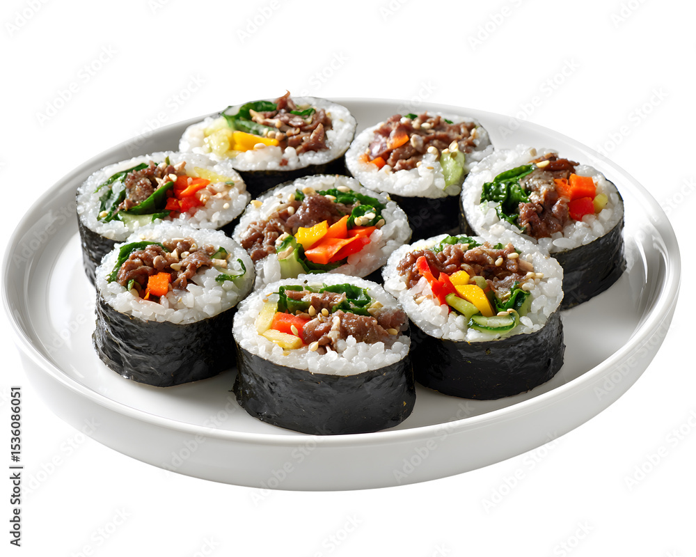 Korean gimbap rolls with rice beef and vegetables wrapped in seaweed on white plate isolated on transparent background Korean gimbap rolls with rice beef and vegetables wrapped in seaweed on white plate isolated on transparent background