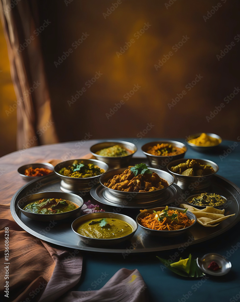 Authentic indian thali platter with various curries Authentic indian thali platter with various curries