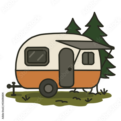 caravan, 카라반 캠핑카 일러스트 (자연 배경 포함)