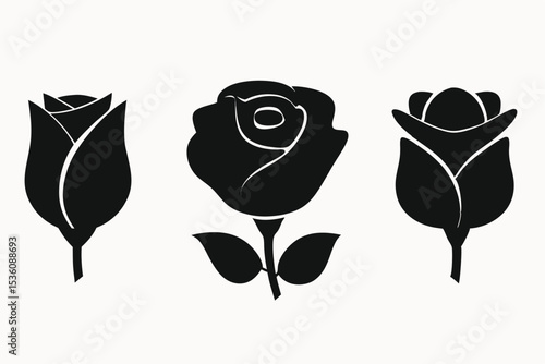 Elegant Black Silhouette Rose Icons Bud, Bloom & Unopened