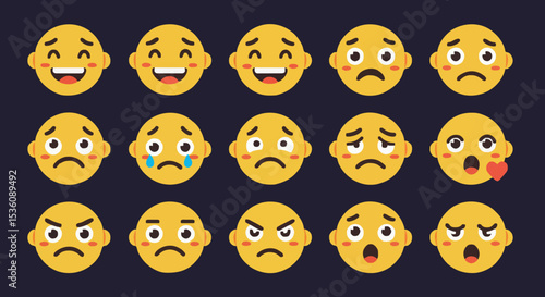 Various expressive emoji faces, yellow cartoon emotions