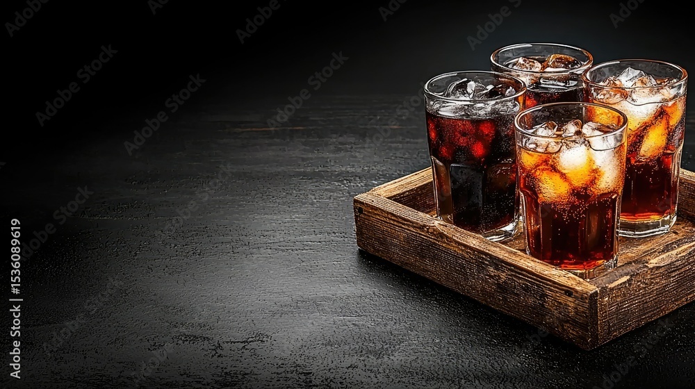 Fototapeta premium Four Glasses of Refreshing Cola with Ice Cubes on Rustic Wooden Tray