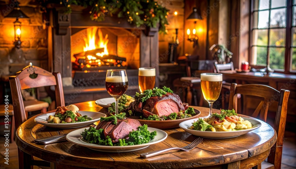 Cozy pub interior with Sunday Roast of lamb, mint sauce, greens, and ale on a wooden table near a fireplace. Warm candlelight and vintage ambiance create an inviting traditional British setting. Cozy pub interior with Sunday Roast of lamb, mint sauce, greens, and ale on a wooden table near a fireplace. Warm candlelight and vintage ambiance create an inviting traditional British setting.