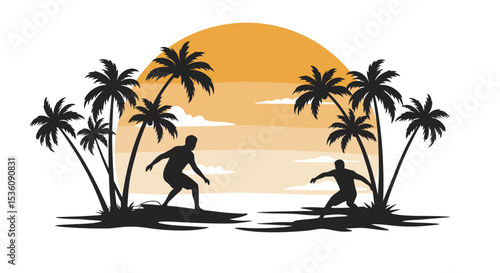Vector silhouette of surfers on palm beach on white background. Symbol of nature and sport. 