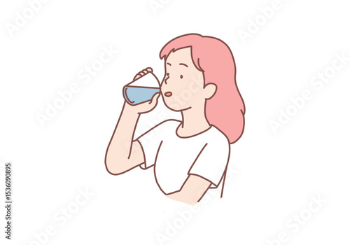 Healthy lifestyle. Young woman drinking thirst quenching. Thirsty girl holding glass with refreshment drink, teenager staying hydrated after training. Hand drawn style vector design illustrations.