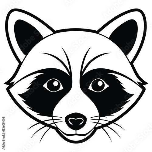 A monochrome raccoon face shows its detailed expression in a bold, symmetrical style
