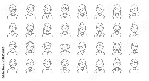 People and pets avatar line icons set. Vector illustration, editable stroke 
