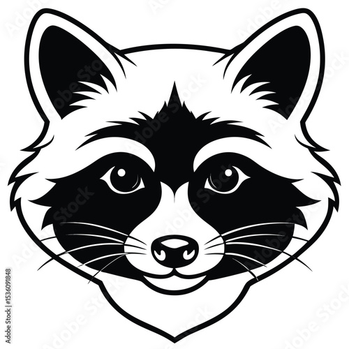 Stylized raccoon face features a monochrome palette, expressive eyes, and defined whiskers