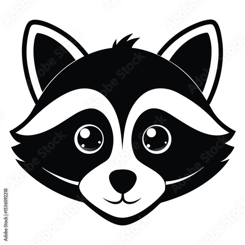 Black and white raccoon face shows a playful expression through simple lines