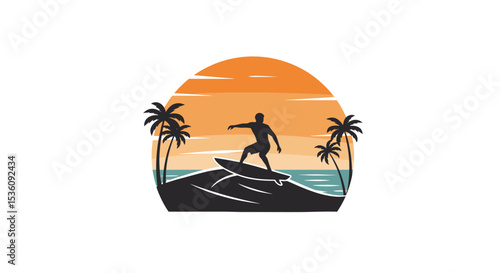 Vector silhouette of surfers on palm beach on white background. Symbol of nature and sport. 