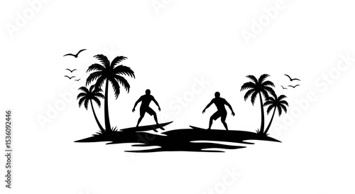 Vector silhouette of surfers on palm beach on white background. Symbol of nature and sport. 