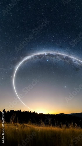 Ethereal landscape view of silhouette of trees and grassy hill under a starry night sky with luminous orb shape element.