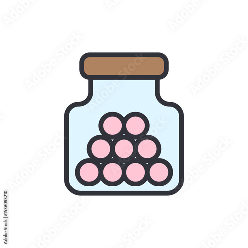 Glass Jar Filled With Round Pink Sweets Or Pills Flat Illustration