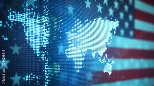 Fototapeta Naklejka Na Ścianę i Meble -  Digital world map displayed over an american flag.