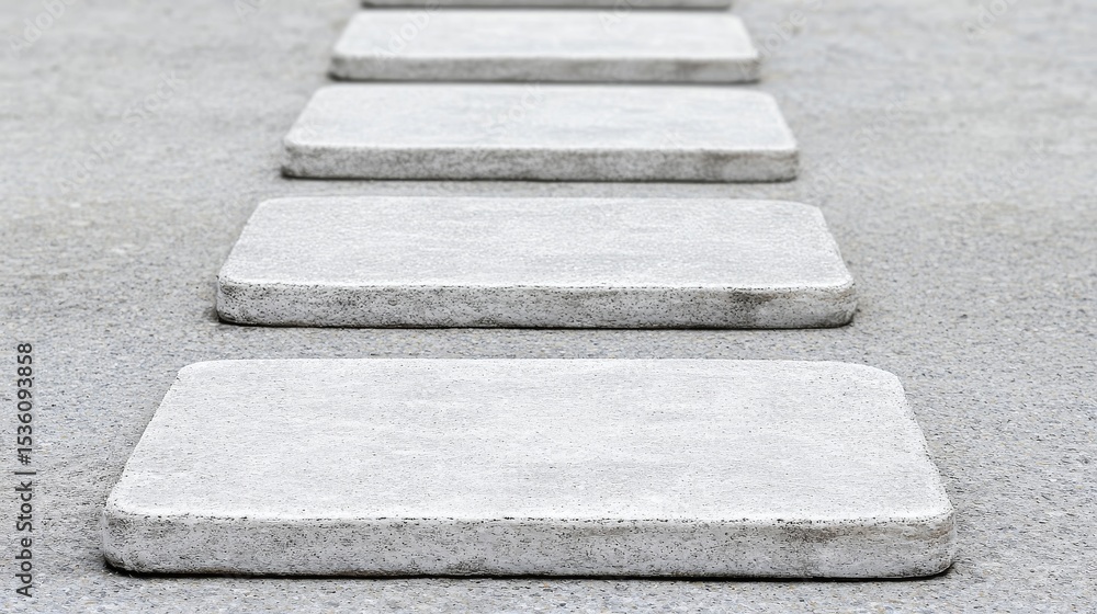 Rectangular stepping stones lead along a grey concrete path on the ground Rectangular stepping stones lead along a grey concrete path on the ground